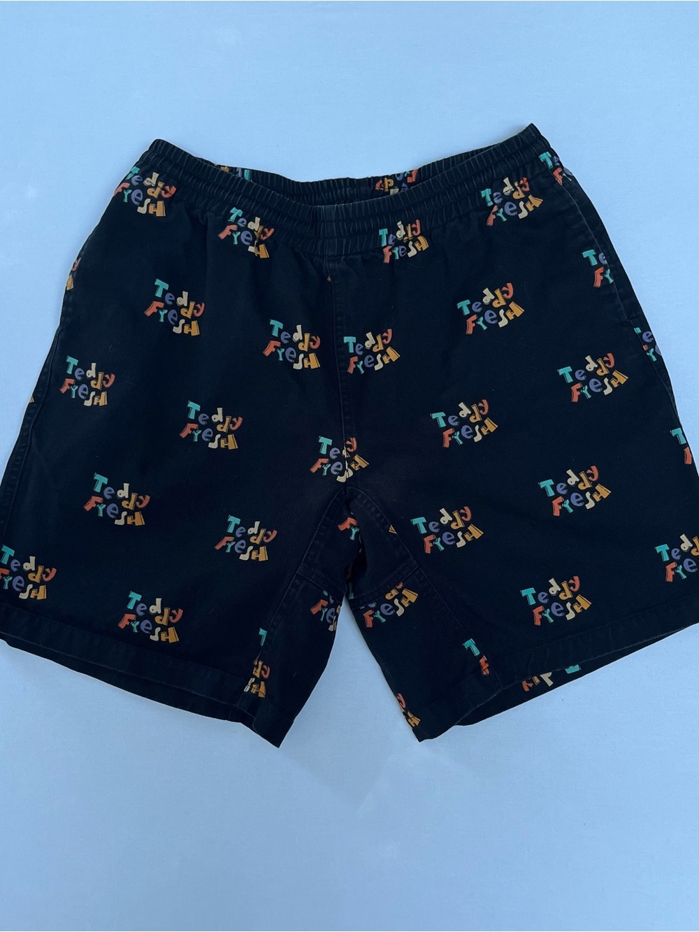 Teddy Fresh Men Retro Logo Black Camp Shorts Pockets Elastic Waist Size M Cotton